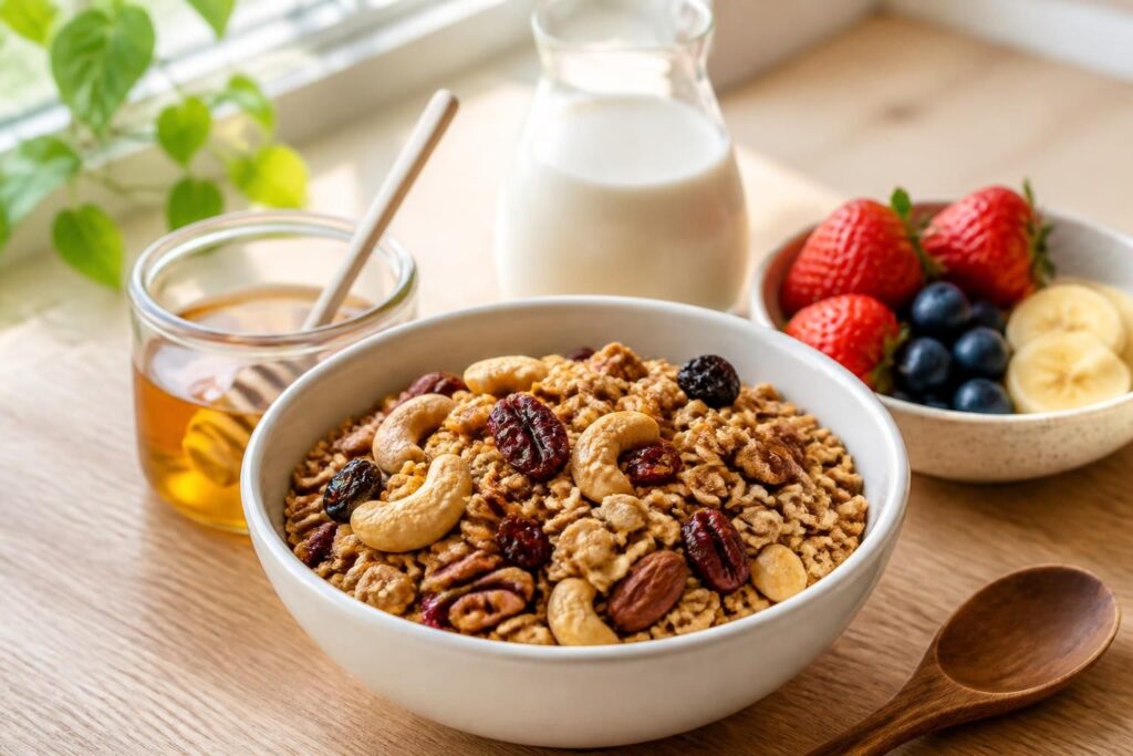 découvrez une recette facile de granola maison, parfaite pour un petit-déjeuner sain et gourmand. des ingrédients naturels pour bien commencer la journée avec plaisir.