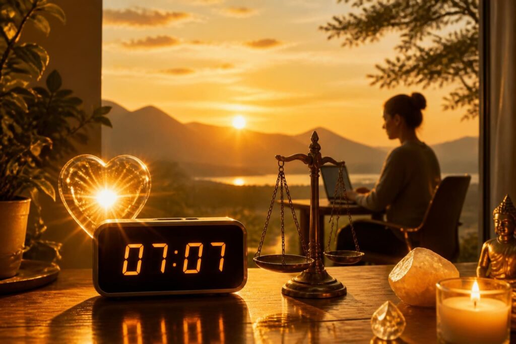 découvrez la signification spirituelle et symbolique de l'heure miroir 07h07, et ce qu'elle révèle en amour et au travail pour guider votre vie.